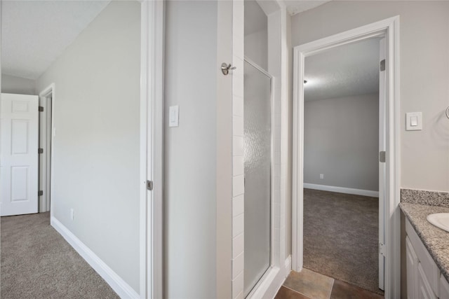 bathroom featuring a textured ceiling, vanity, and a shower with door