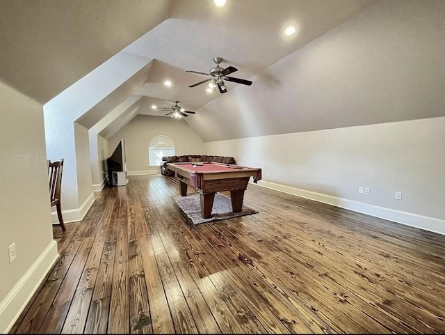 playroom with wood-type flooring, vaulted ceiling, ceiling fan, and pool table