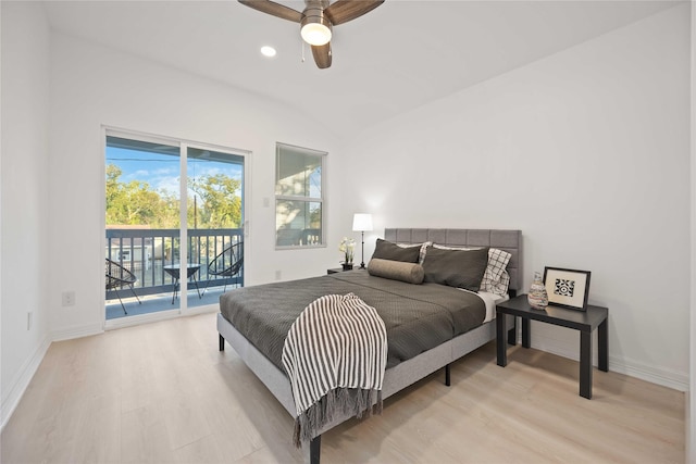 bedroom featuring access to outside, light hardwood / wood-style floors, and ceiling fan