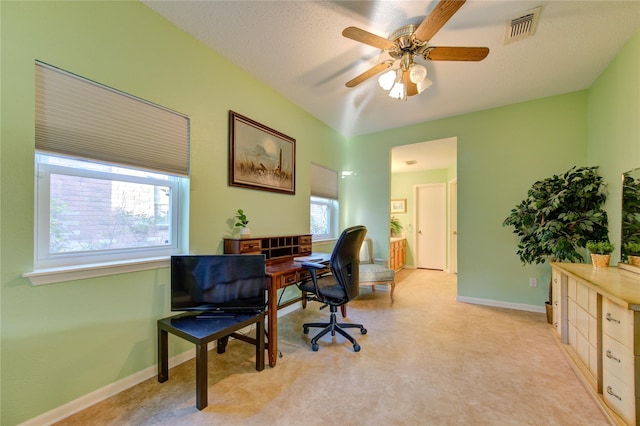 office featuring a wealth of natural light, ceiling fan, and a textured ceiling