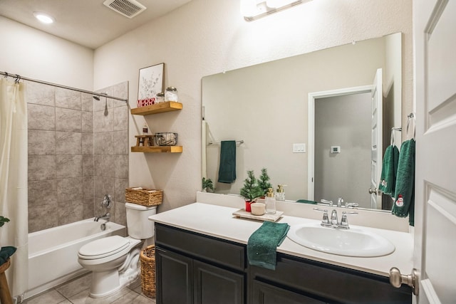 full bathroom with toilet, vanity, shower / tub combo with curtain, and tile patterned flooring