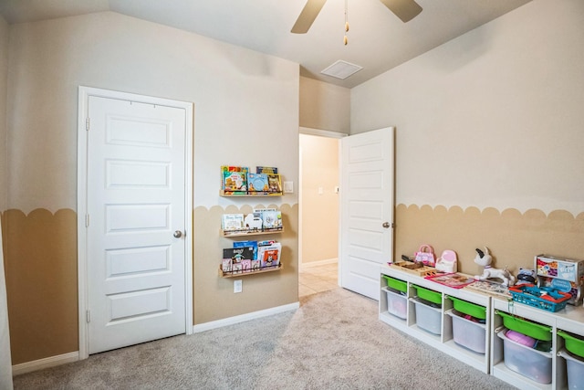 game room with light carpet, vaulted ceiling, and ceiling fan