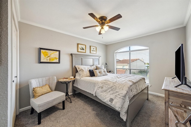 bedroom with ceiling fan, dark carpet, and ornamental molding