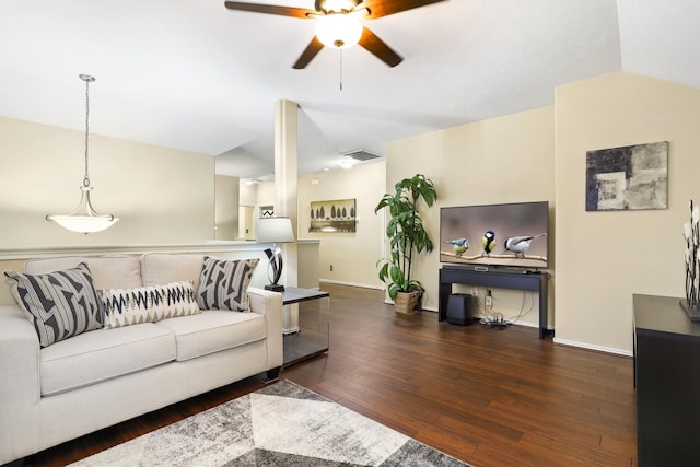 living room featuring ceiling fan, dark hardwood / wood-style flooring, and lofted ceiling