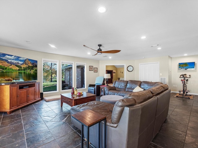 living room with ceiling fan