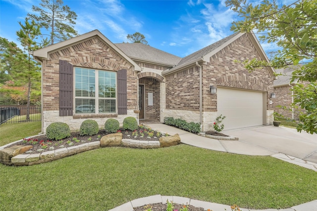 view of front of house with a front yard and a garage