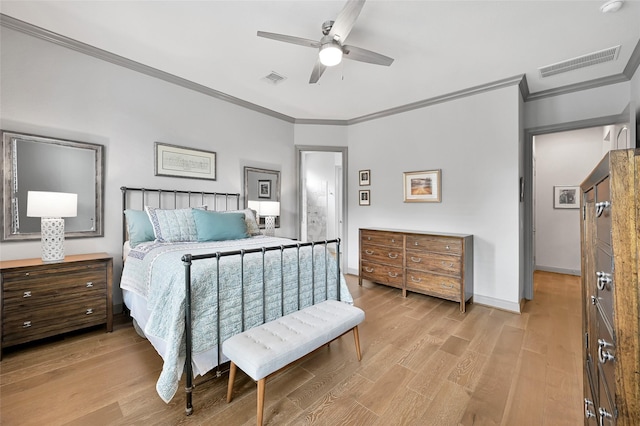 bedroom featuring light wood-type flooring, ceiling fan, and ornamental molding