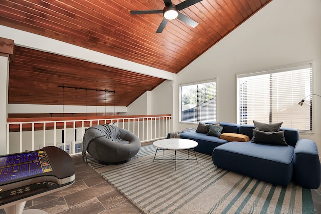 living room featuring ceiling fan, wood ceiling, and high vaulted ceiling