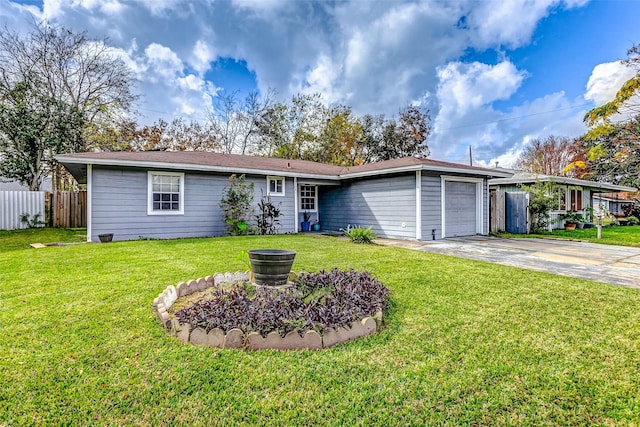 ranch-style house with a garage and a front yard