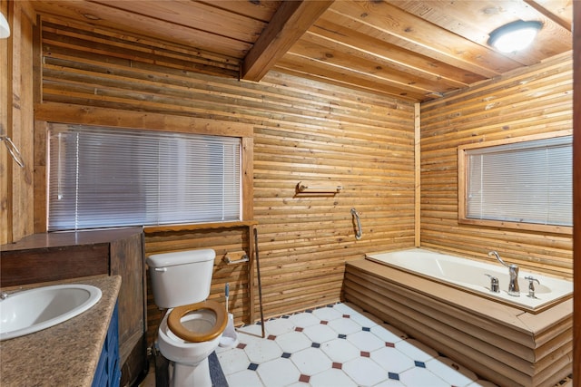 bathroom featuring beam ceiling, a washtub, wooden ceiling, toilet, and vanity