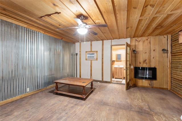 living room featuring ceiling fan, an AC wall unit, heating unit, wood ceiling, and hardwood / wood-style flooring