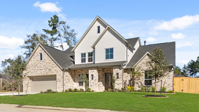 view of front of home with a front lawn and a garage