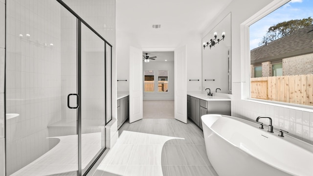 bathroom featuring separate shower and tub, ceiling fan, tile patterned flooring, and vanity