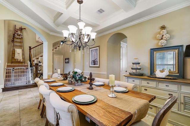 tiled dining area with a high ceiling, coffered ceiling, crown molding, beamed ceiling, and a notable chandelier