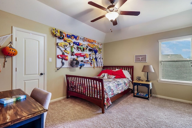 bedroom featuring carpet flooring, ceiling fan, and vaulted ceiling