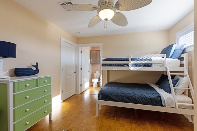 bedroom featuring ceiling fan and light hardwood / wood-style flooring