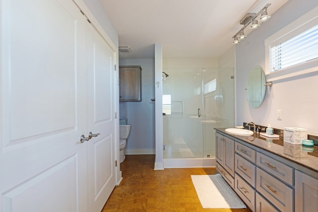 bathroom with vanity, toilet, a shower with door, and wood-type flooring