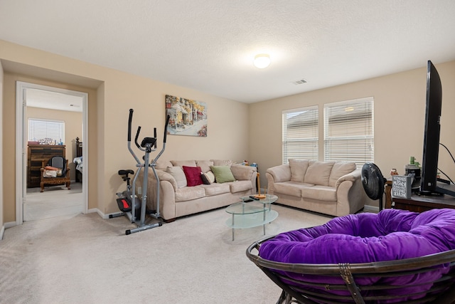 living room featuring light colored carpet and a textured ceiling