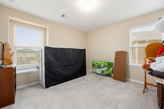 bedroom with light colored carpet