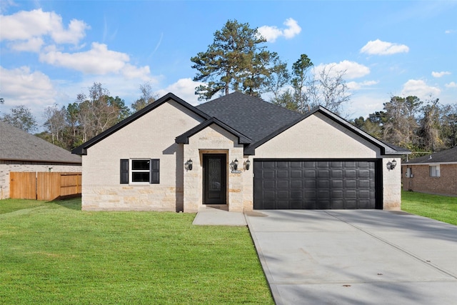 view of front of home with a front yard and a garage