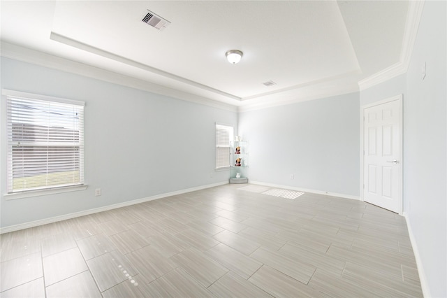 spare room with a raised ceiling and crown molding