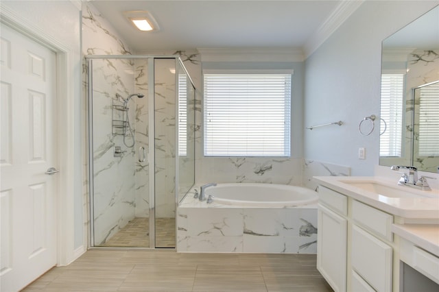 bathroom featuring vanity, separate shower and tub, and plenty of natural light