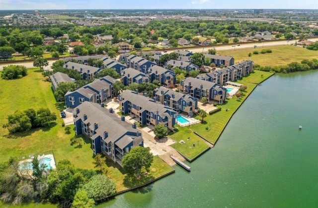 drone / aerial view with a water view