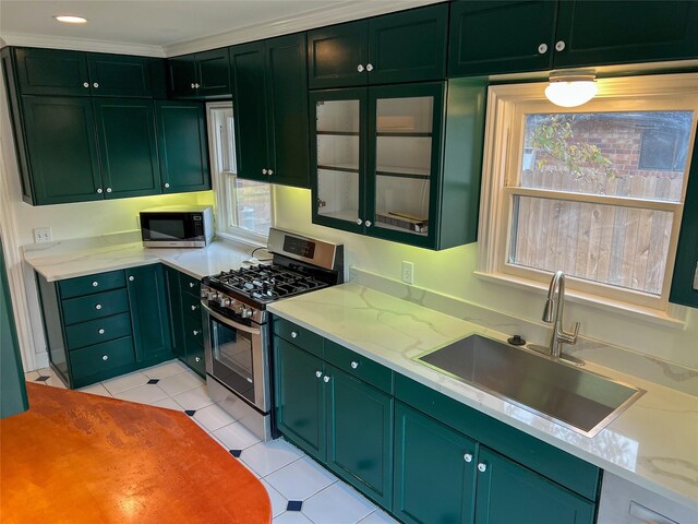 kitchen featuring light stone countertops, sink, ornamental molding, and stainless steel appliances