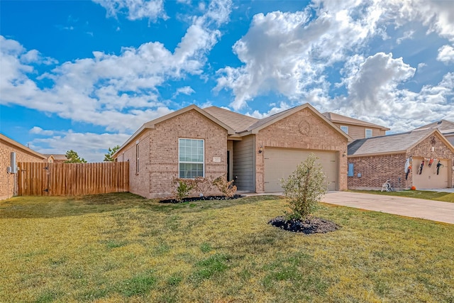 single story home featuring a garage and a front lawn