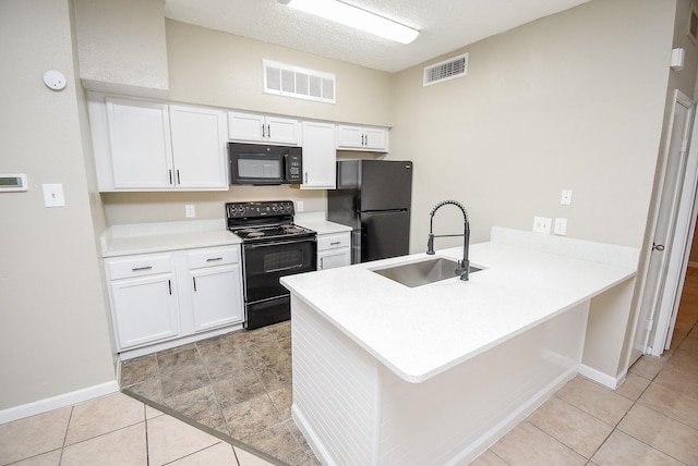 kitchen featuring kitchen peninsula, sink, white cabinets, and black appliances