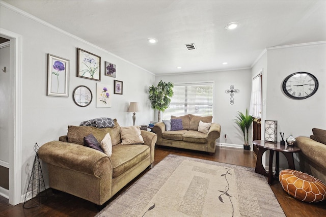 living room with ornamental molding and dark wood-type flooring