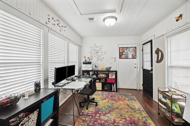 office area featuring dark hardwood / wood-style flooring and ornamental molding