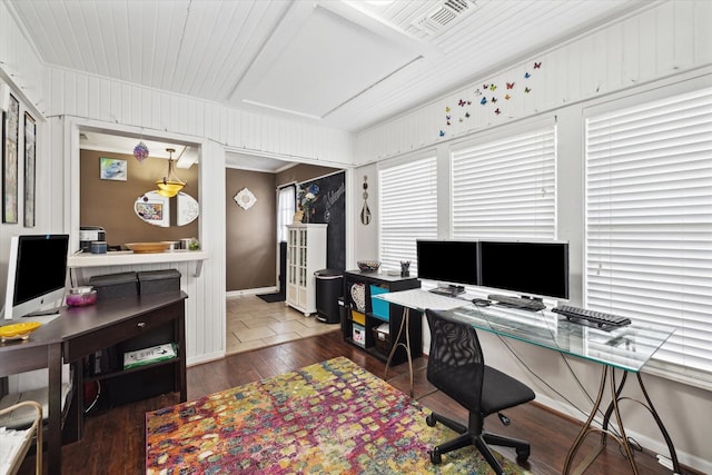 office area with wood ceiling, dark wood-type flooring, and ornamental molding