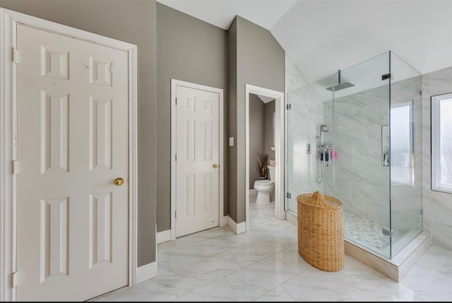 bathroom with walk in shower, lofted ceiling, and toilet