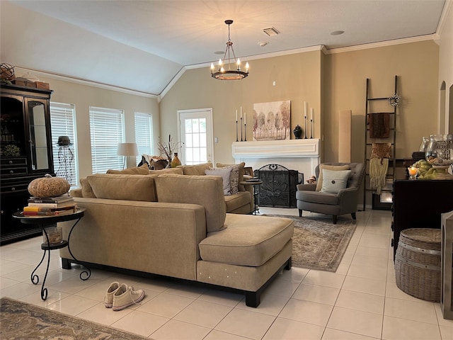 living room featuring crown molding, light tile patterned floors, lofted ceiling, and a notable chandelier