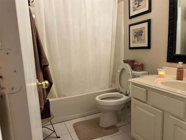 full bathroom with toilet, vanity, tile patterned floors, and shower / bathtub combination with curtain