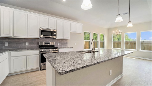 kitchen with appliances with stainless steel finishes, a center island with sink, white cabinetry, and sink