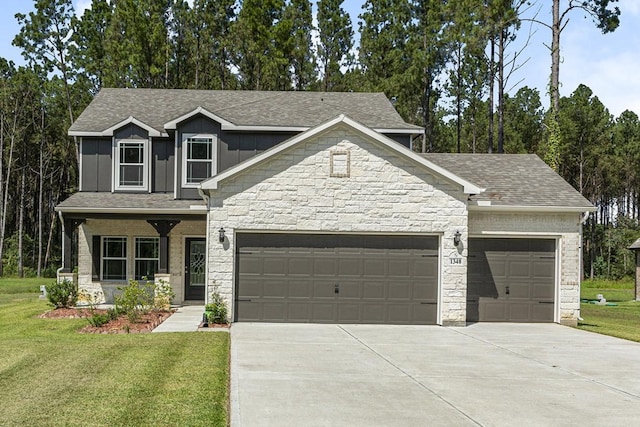 craftsman-style home with a porch, a front yard, and a garage