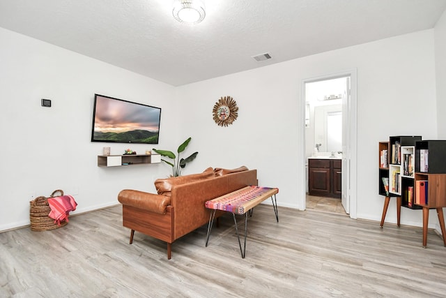 living area with a textured ceiling and light hardwood / wood-style flooring