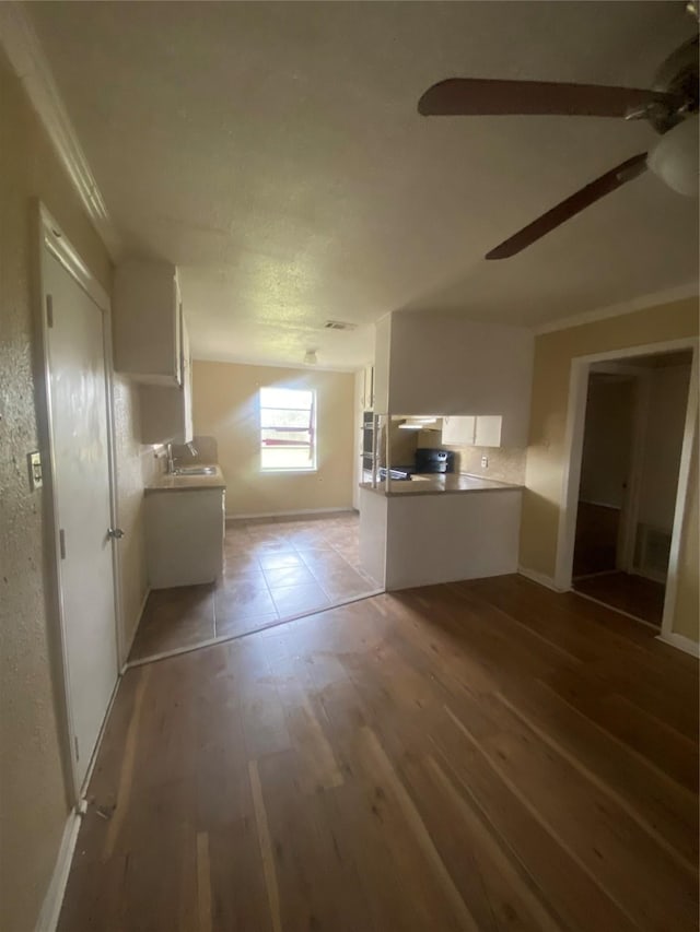 unfurnished living room with ceiling fan, hardwood / wood-style floors, ornamental molding, and sink