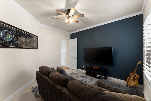 living room featuring ceiling fan and ornamental molding