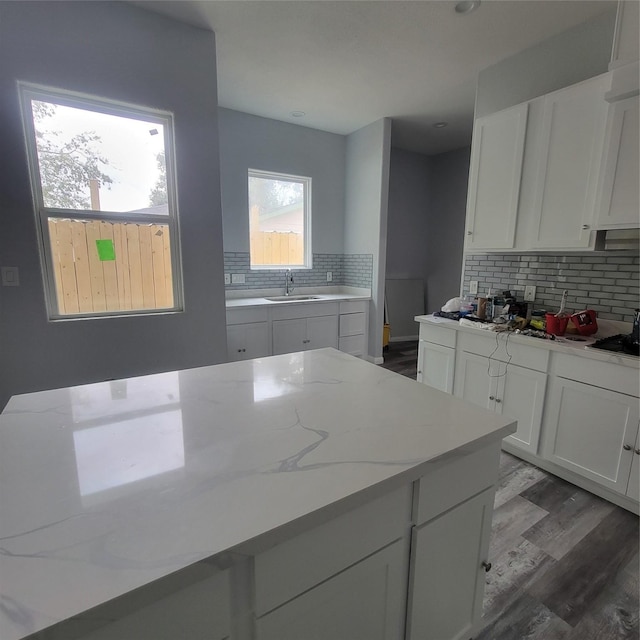 kitchen featuring tasteful backsplash, white cabinetry, sink, and dark wood-type flooring