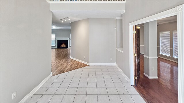 hallway with light hardwood / wood-style floors, crown molding, a wealth of natural light, and track lighting