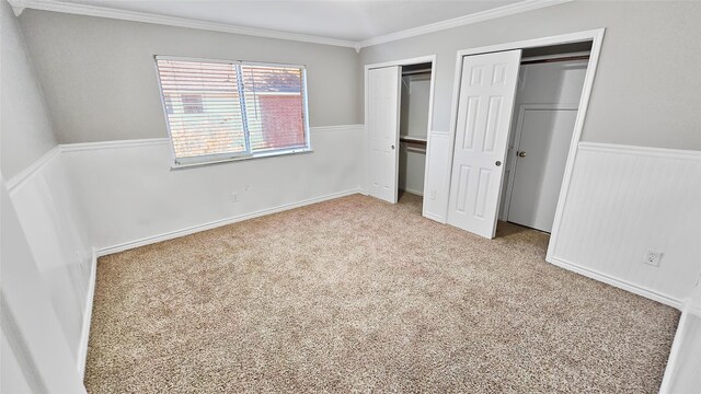 unfurnished bedroom with crown molding and light carpet