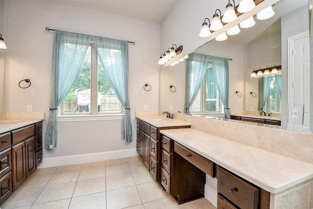 bathroom with tile patterned floors, vanity, and a wealth of natural light