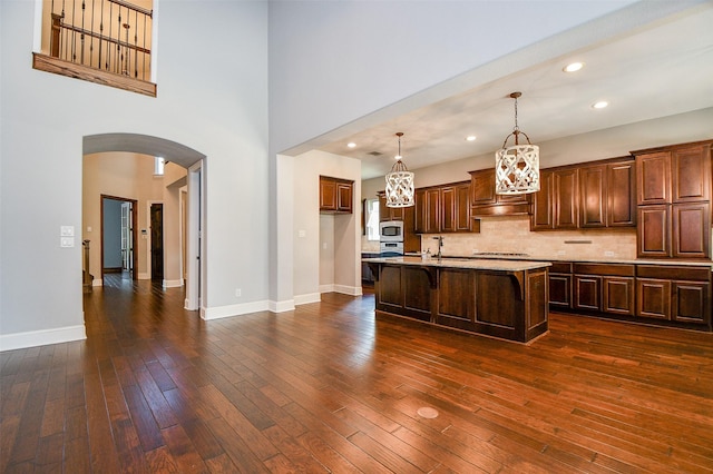 kitchen featuring dark hardwood / wood-style flooring, pendant lighting, a kitchen island with sink, custom exhaust hood, and appliances with stainless steel finishes