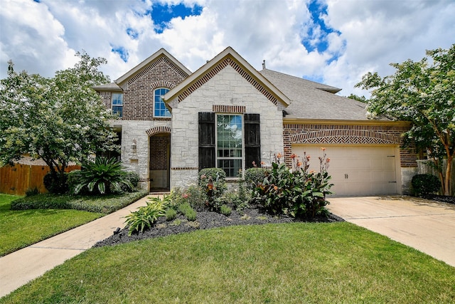 view of front of property featuring a front lawn and a garage