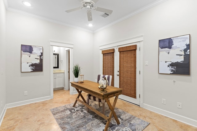 office featuring light tile patterned floors, ceiling fan, and ornamental molding