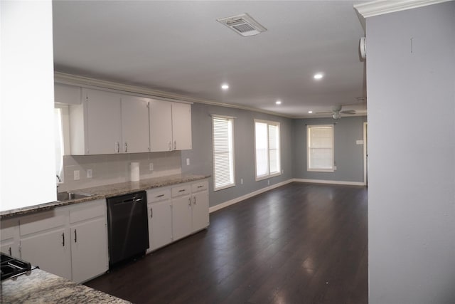 kitchen featuring black dishwasher, white cabinetry, and ceiling fan