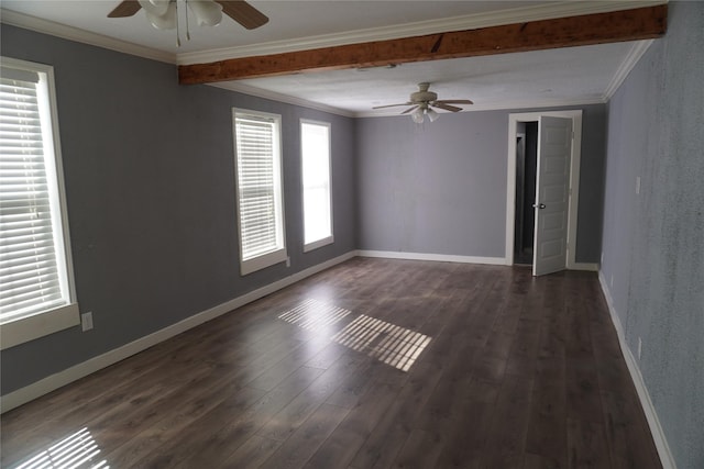 spare room with dark hardwood / wood-style flooring, ornamental molding, and a wealth of natural light